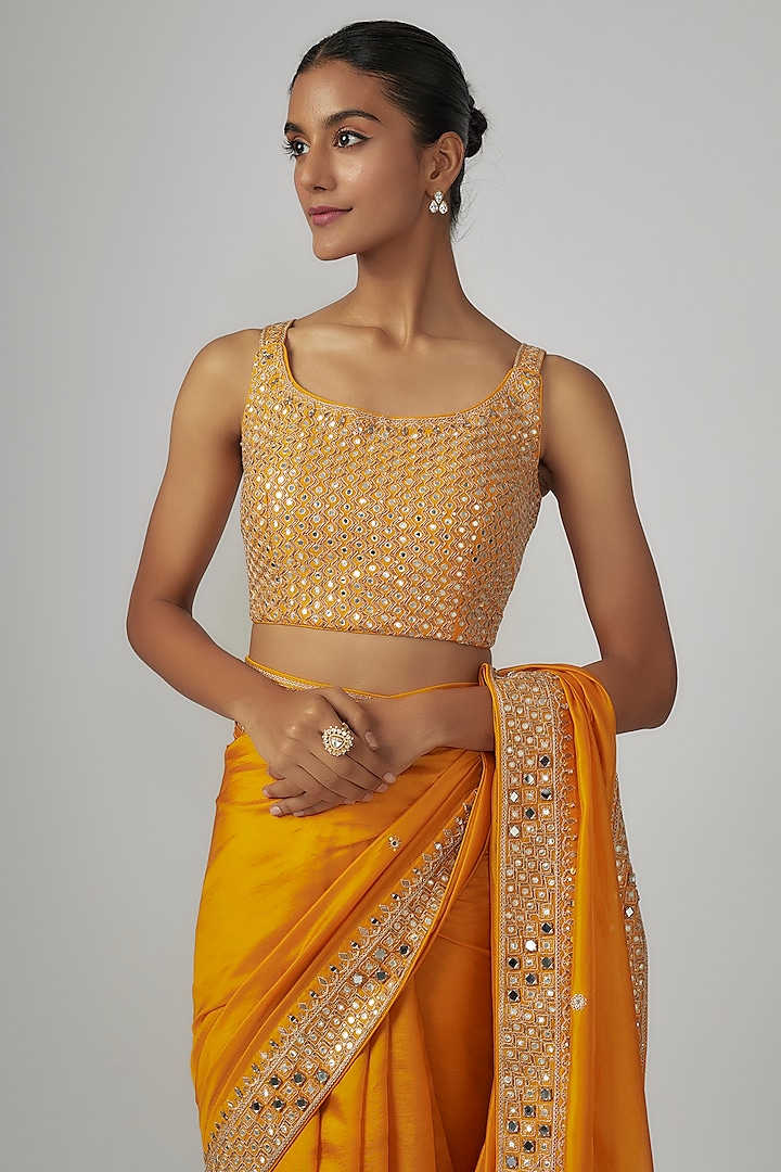 Mustard Silk Organza Marodi & Dabka Work Wedding Saree Set by Punit Balana at Pernia's Pop Up Shop