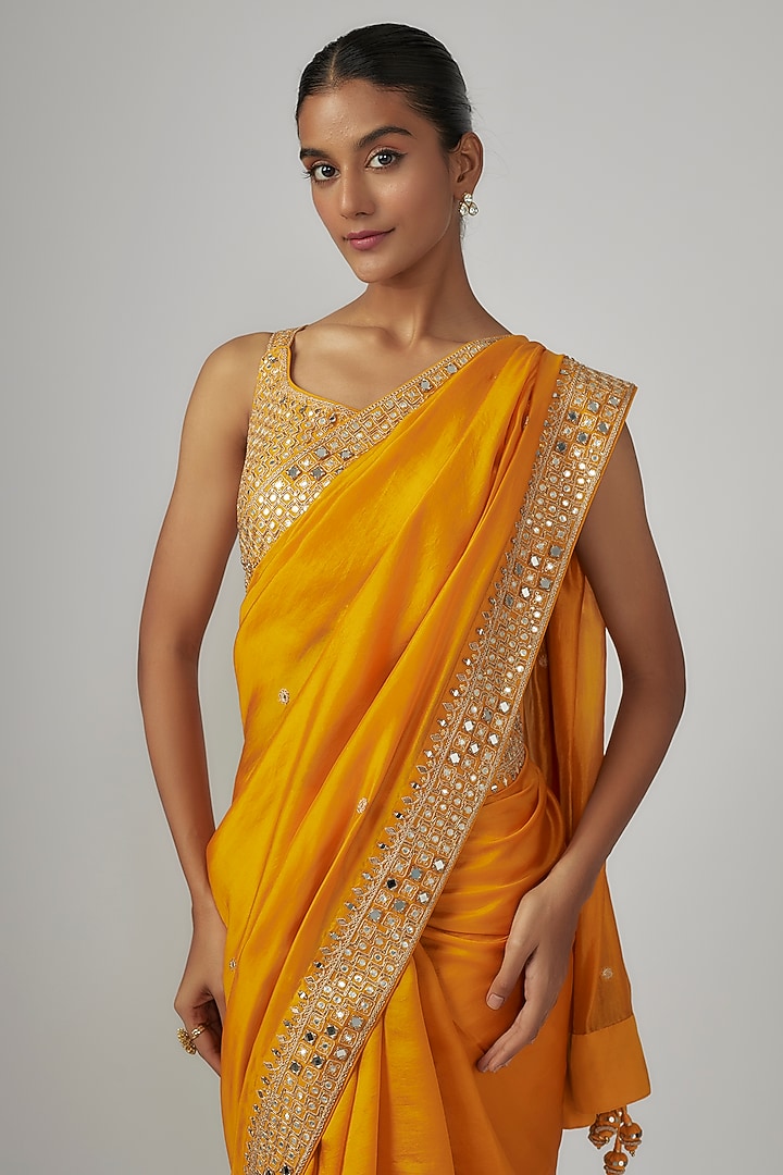 Mustard Silk Organza Marodi & Dabka Work Wedding Saree Set by Punit Balana at Pernia's Pop Up Shop