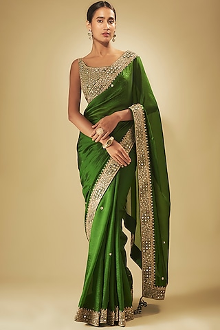 Green Silk Organza Saree Set by Punit Balana