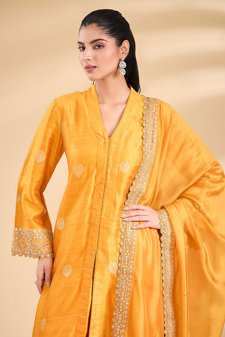 Mustard Raw Silk Printed & Embroidered Kurta Set by Punit Balana at Pernia's Pop Up Shop