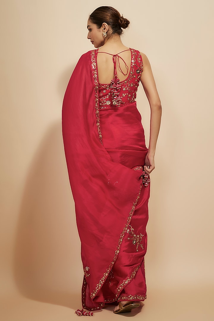 Red Organza Silk & Chanderi Silk Glass Work Wedding Saree Set by Punit Balana at Pernia's Pop Up Shop