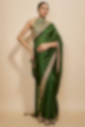 Green Organza Silk & Chanderi Silk Mirror Work Saree Set by Punit Balana