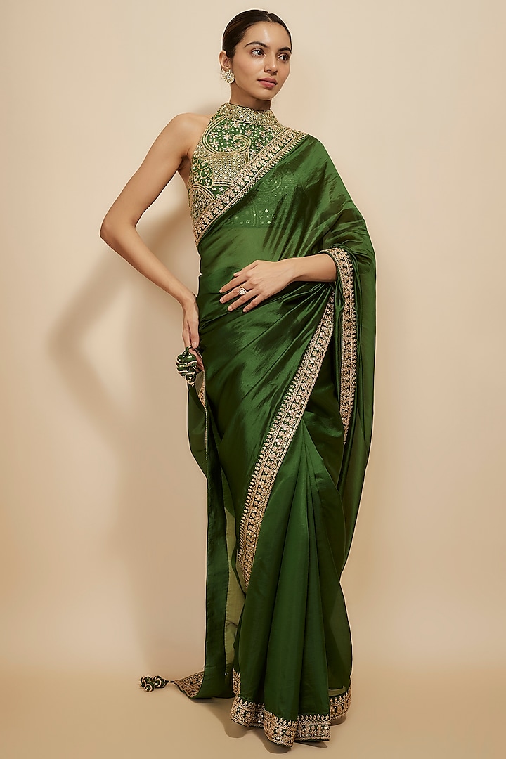 Green Organza Silk & Chanderi Silk Mirror Work Saree Set by Punit Balana