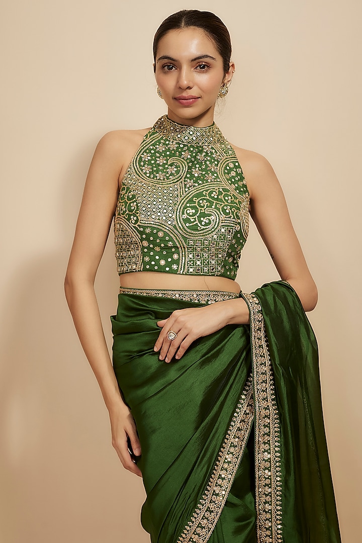 Green Organza Silk & Chanderi Silk Mirror Work Wedding Saree Set by Punit Balana at Pernia's Pop Up Shop