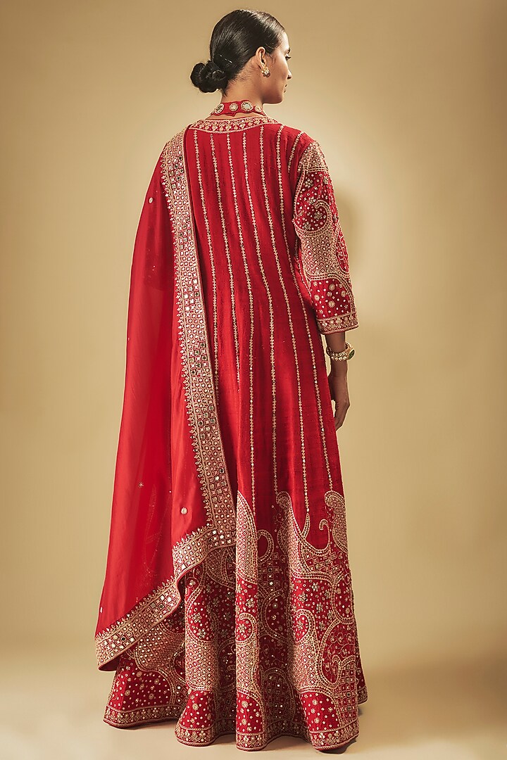 Red Organza Silk & Raw Silk Jacket Bridal Saree Set by Punit Balana at Pernia's Pop Up Shop
