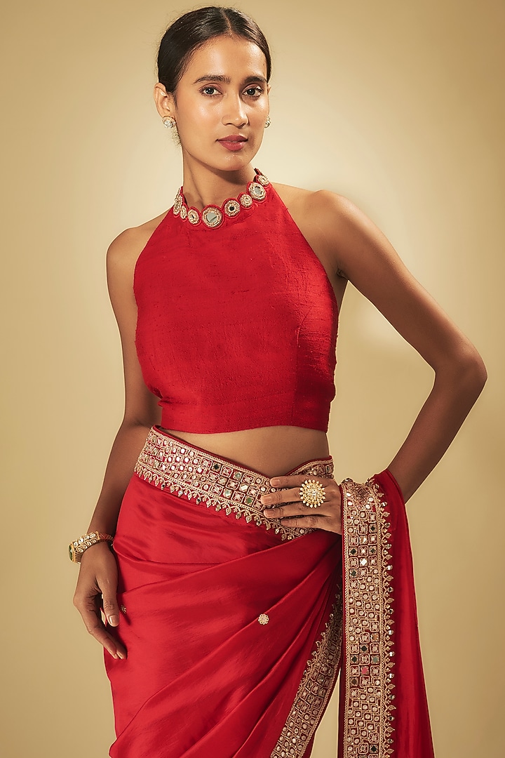 Red Organza Silk & Raw Silk Jacket Bridal Saree Set by Punit Balana at Pernia's Pop Up Shop