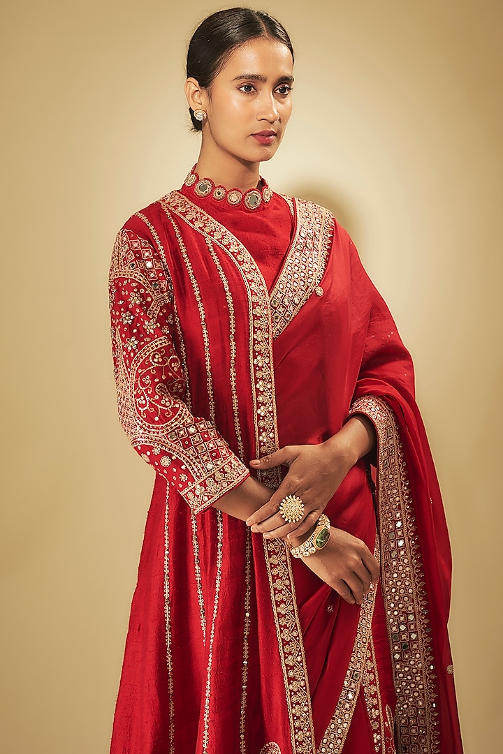 Red Organza Silk & Raw Silk Jacket Bridal Saree Set by Punit Balana at Pernia's Pop Up Shop