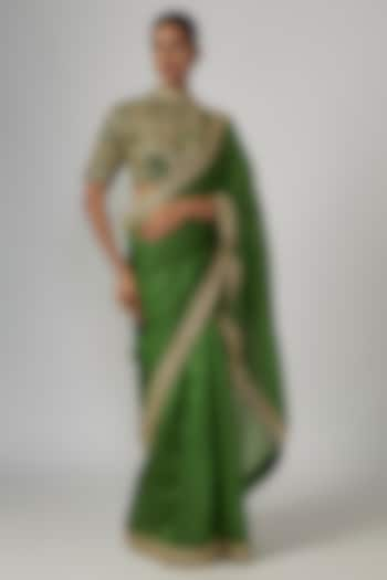 Green Silk Organza Marodi & Dabka Work Saree Set by Punit Balana at Pernia's Pop Up Shop