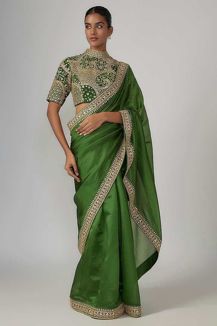 Green Silk Organza Marodi & Dabka Work Saree Set by Punit Balana at Pernia's Pop Up Shop