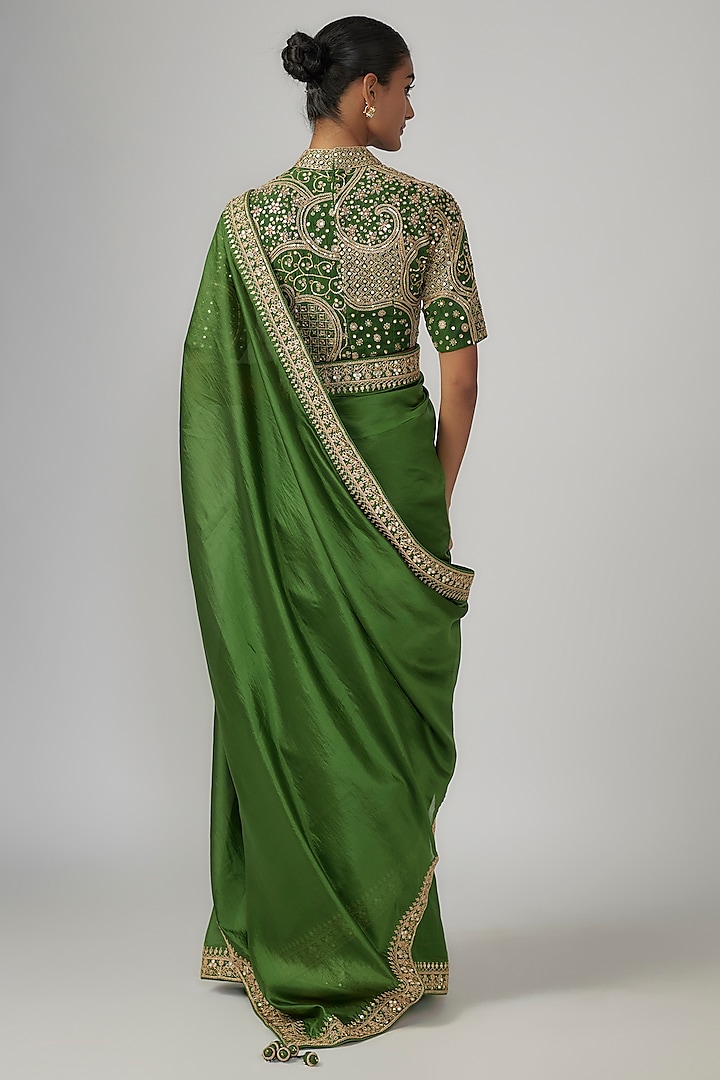 Green Silk Organza Marodi & Dabka Work Wedding Saree Set by Punit Balana at Pernia's Pop Up Shop