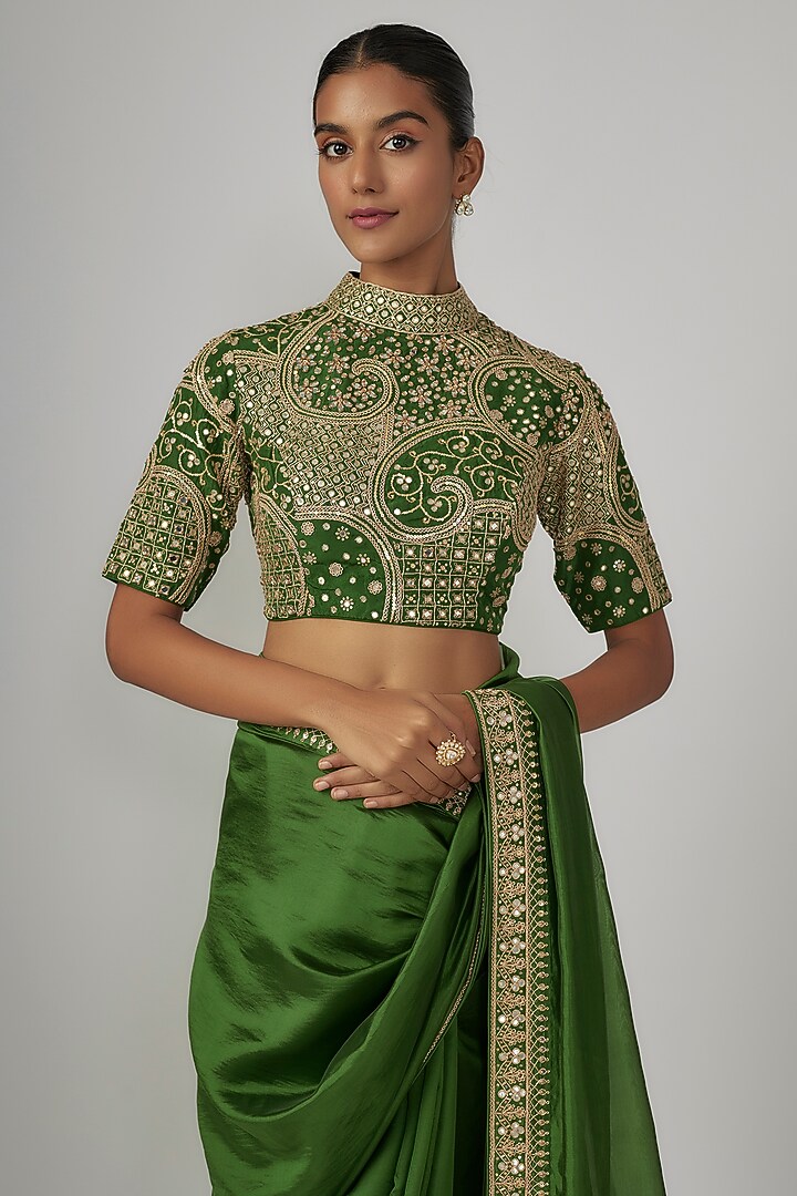 Green Silk Organza Marodi & Dabka Work Wedding Saree Set by Punit Balana at Pernia's Pop Up Shop