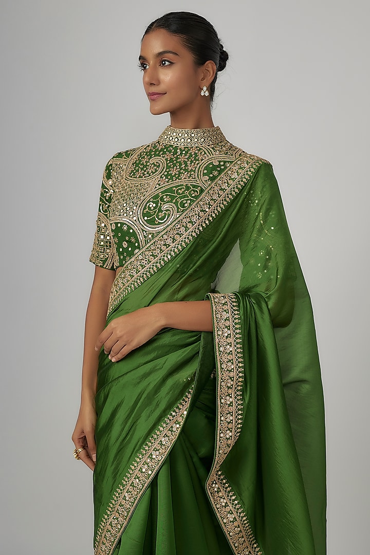 Green Silk Organza Marodi & Dabka Work Wedding Saree Set by Punit Balana at Pernia's Pop Up Shop