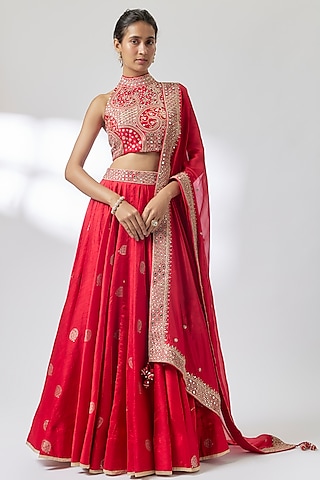 Red Banarasi Mirror Work Lehenga Set by Punit Balana