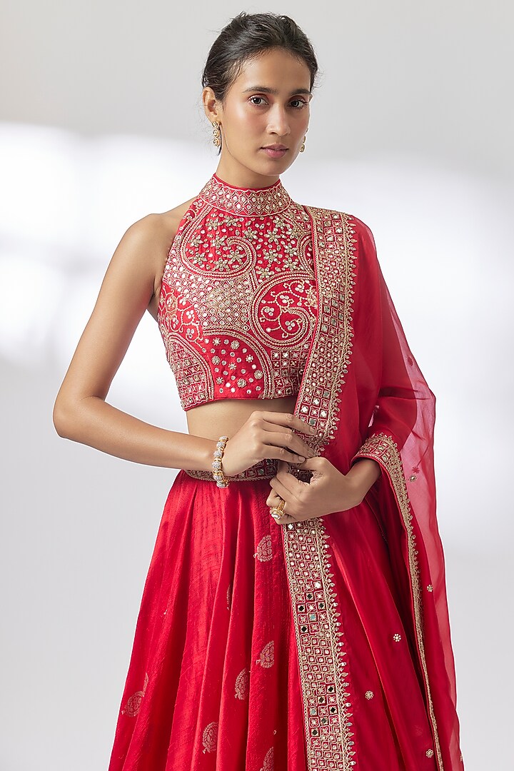Red Banarasi Mirror Work Wedding Lehenga Set by Punit Balana at Pernia's Pop Up Shop