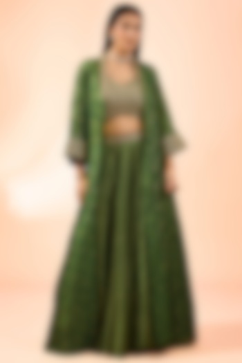 Green Chanderi Silk Embroidered Printed Skirt Set by Punit Balana