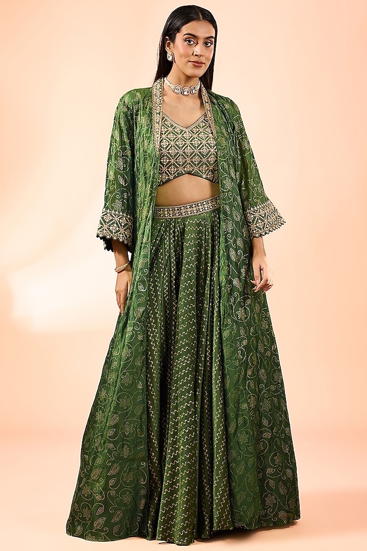 Green Chanderi Silk Embroidered Printed Skirt Set by Punit Balana