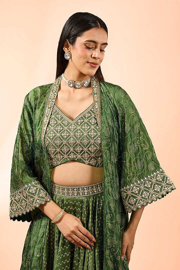 Green Chanderi Silk Embroidered Printed Skirt Set by Punit Balana at Pernia's Pop Up Shop