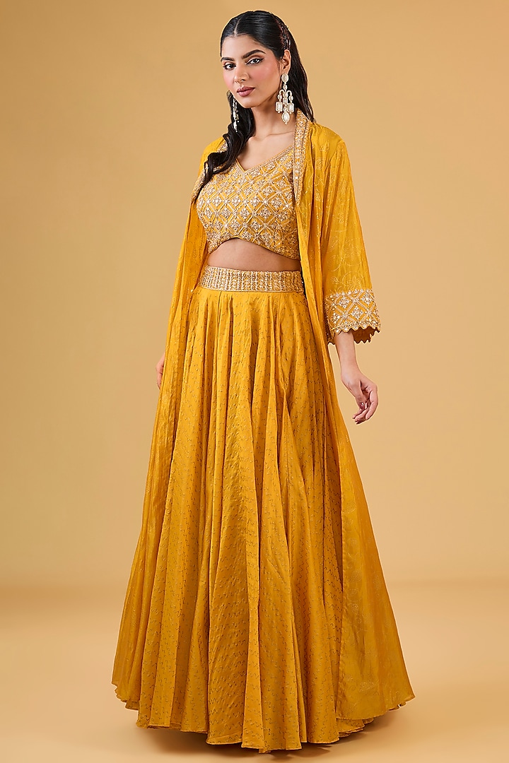 Mustard Organza Silk & Chanderi Silk Zardosi Embroidered Cape Set by Punit Balana at Pernia's Pop Up Shop