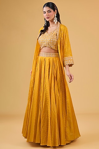 Mustard Organza Silk & Chanderi Silk Zardosi Embroidered Cape Set by Punit Balana
