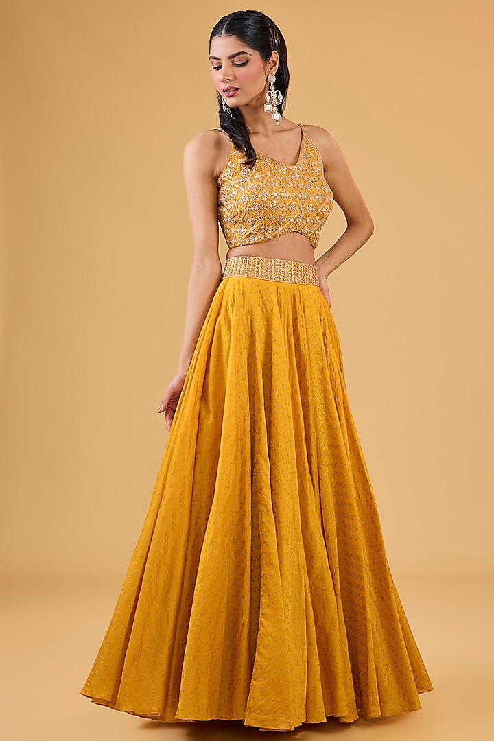 Mustard Organza Silk & Chanderi Silk Zardosi Embroidered Cape Set by Punit Balana at Pernia's Pop Up Shop