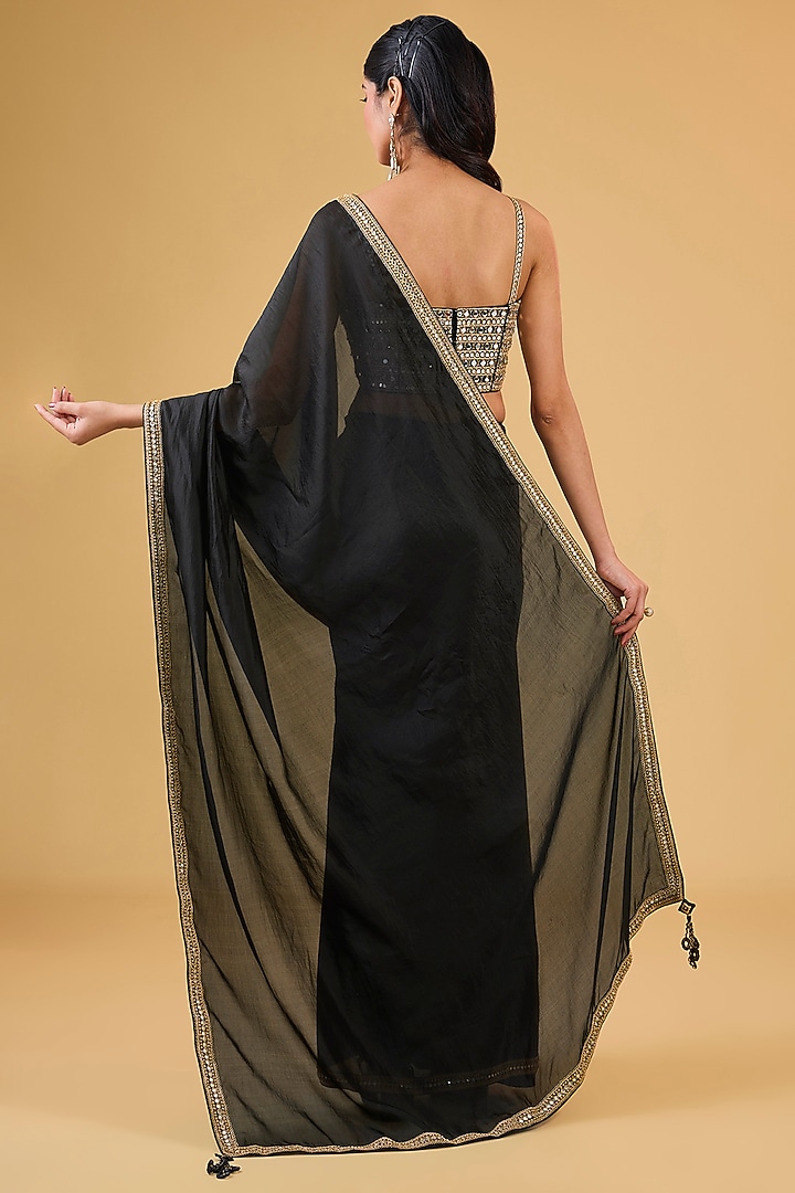 Black Organza Silk Mirror Embroidered Wedding Saree Set by Punit Balana at Pernia's Pop Up Shop