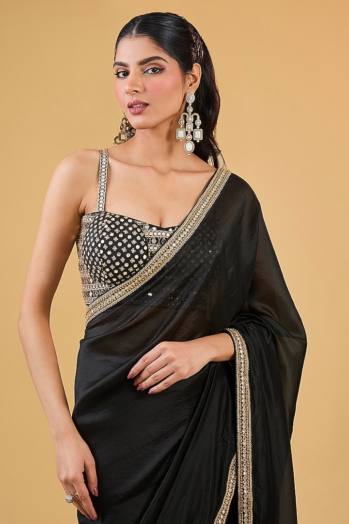 Black Organza Silk Mirror Embroidered Wedding Saree Set by Punit Balana at Pernia's Pop Up Shop