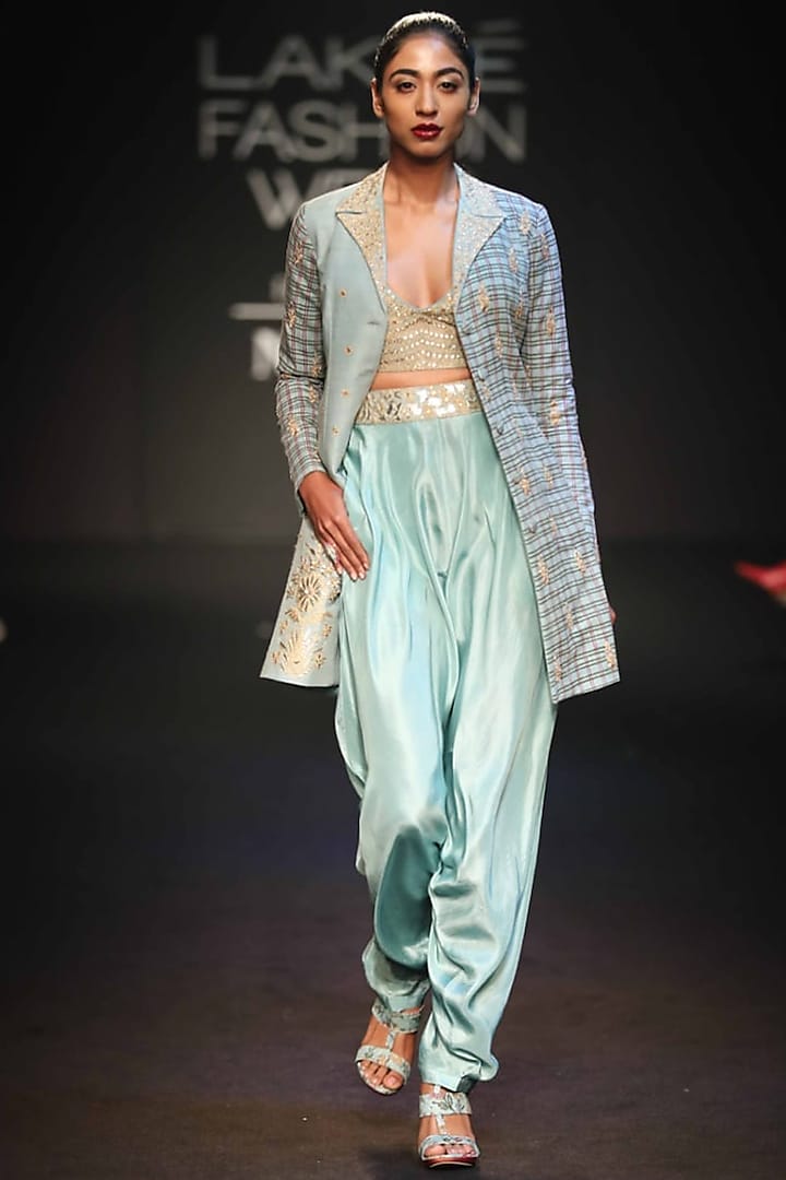 Egg Blue Embroidered Printed Long Jacket With Bralette & Dhoti Pants by Punit Balana