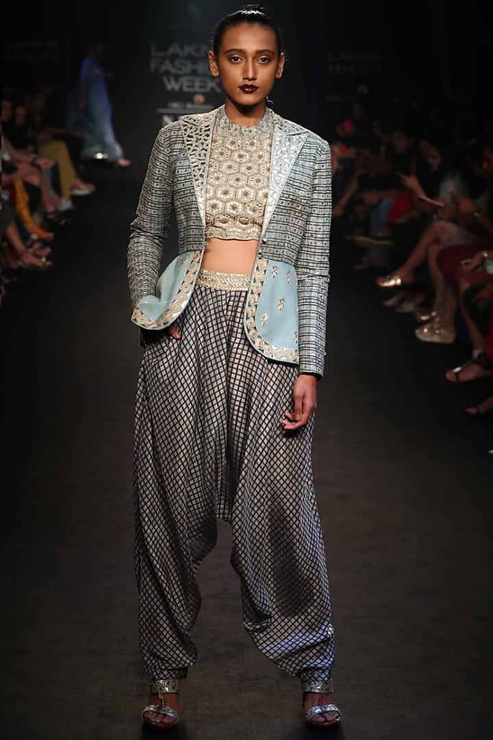 Robin Egg Blue Embroidered Printed Long Jacket With Top & Printed Dhoti Pants by Punit Balana