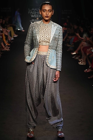 Robin Egg Blue Embroidered Printed Long Jacket With Top & Printed Dhoti Pants by Punit Balana