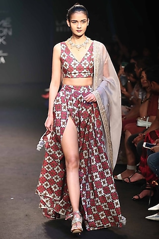 Grey Printed & Embroidered Lehenga Set by Punit Balana