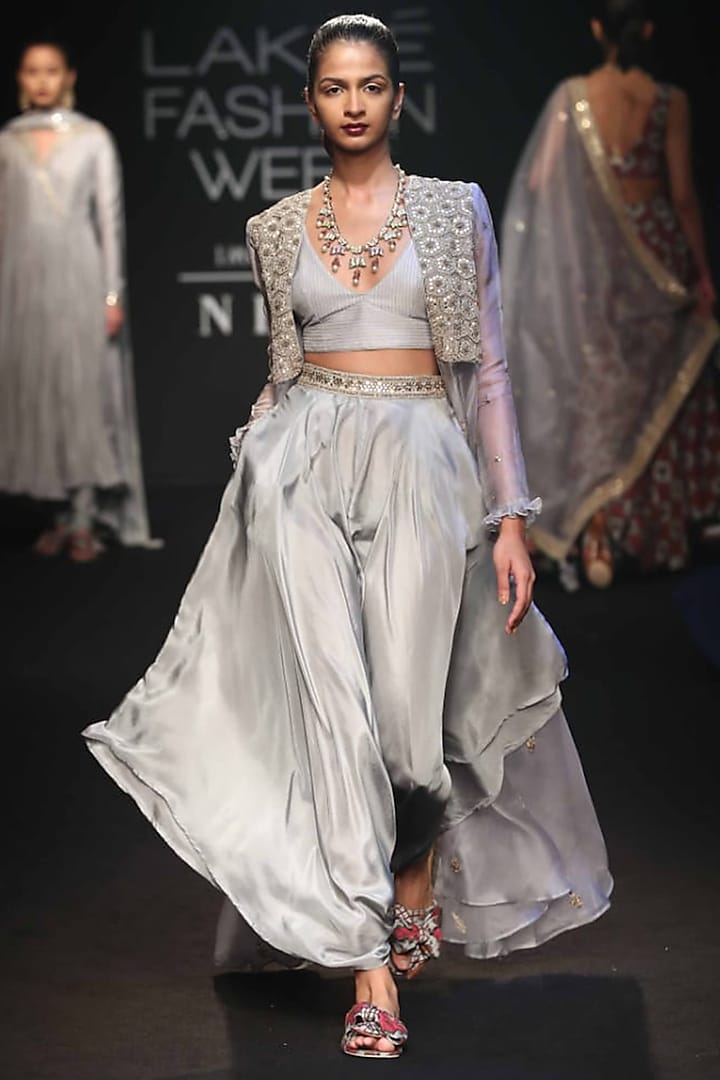 Grey Embroidered Cape With Bralette & Dhoti Pants by Punit Balana