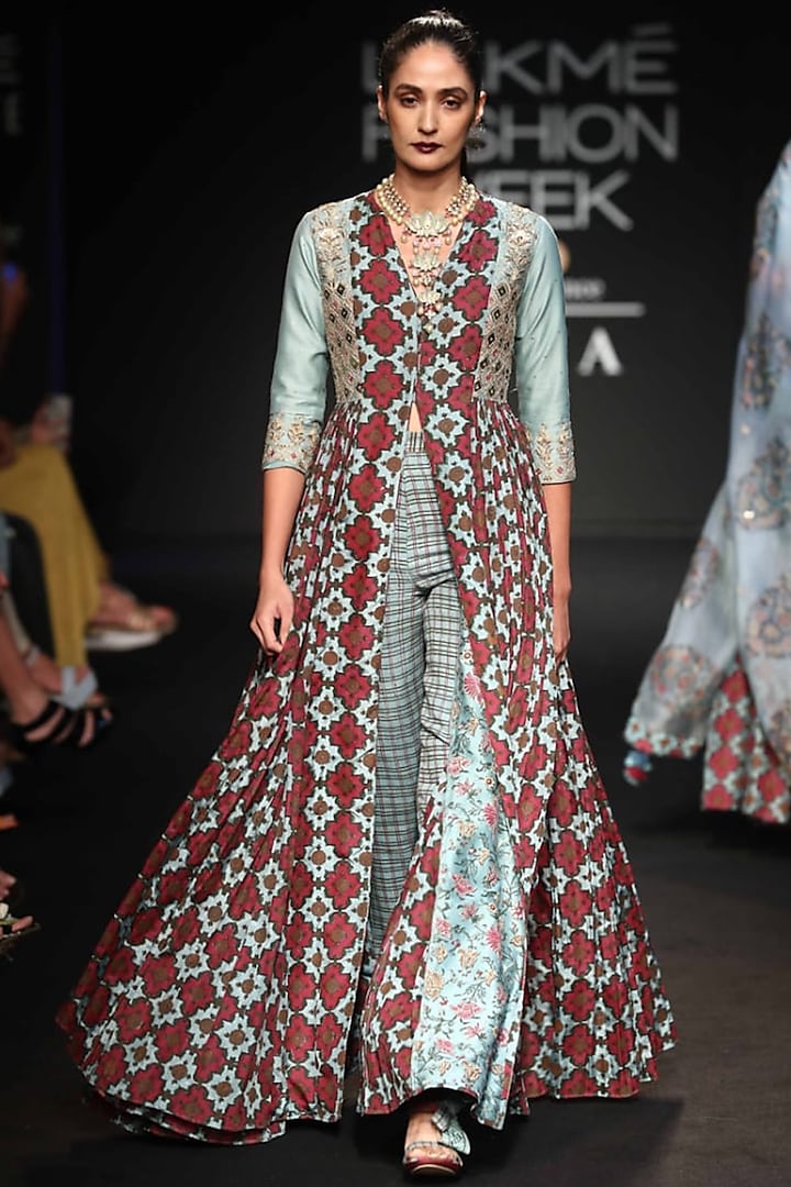 Robin Egg Blue Embroidered & Printed Long Slit Dress With Pants by Punit Balana