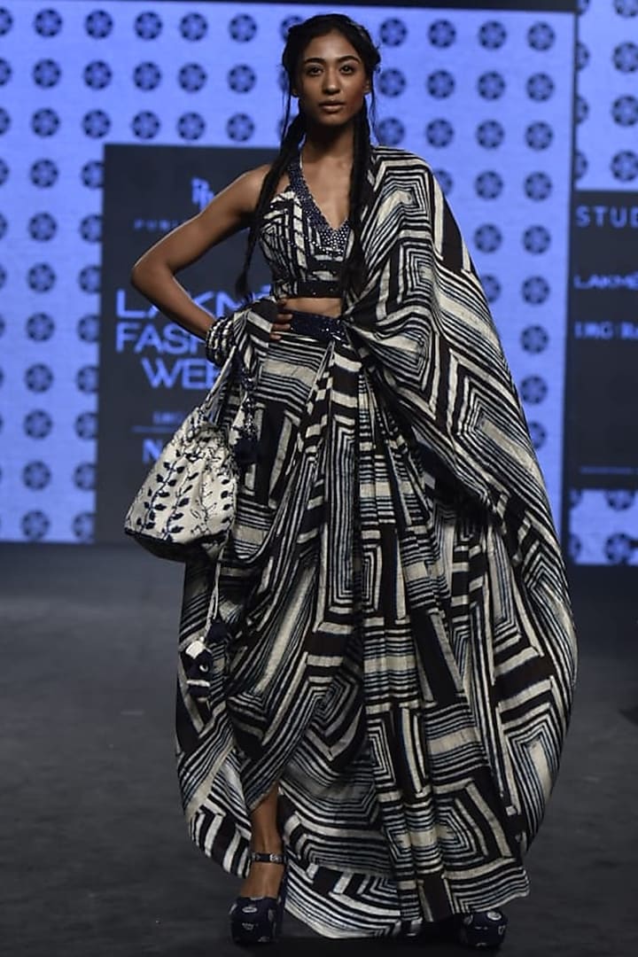 Blue Printed Pre-Draped Wedding Saree Set by Punit Balana at Pernia's Pop Up Shop