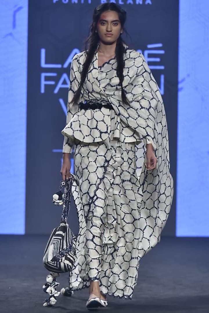 Ivory Satin Silk Hexa Printed Jacket Wedding Saree Set by Punit Balana at Pernia's Pop Up Shop