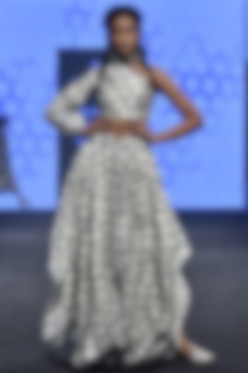 Ivory Printed One Sleeve Top With Skirt by Punit Balana