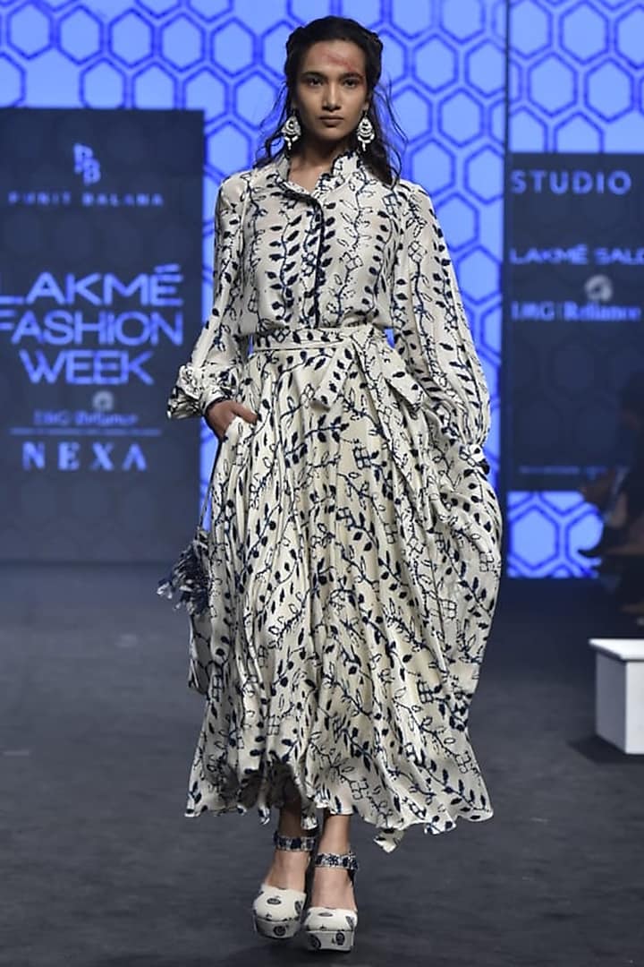 Ivory Printed Shirt With Skirt by Punit Balana