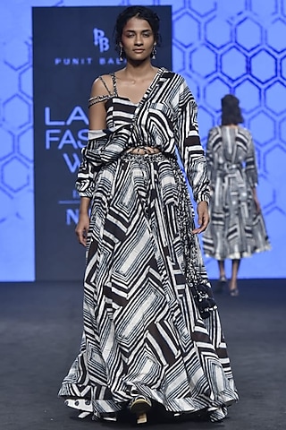Blue Shibori Printed Bomber Jacket With Bralette & Skirt by Punit Balana