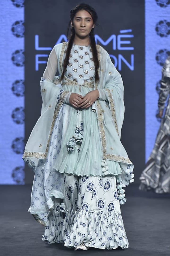 Ice Blue Embroidered & Printed Gharara Set With Jacket by Punit Balana