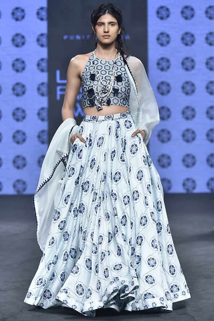 Ice Blue Embroidered & Printed Wedding Lehenga Set by Punit Balana at Pernia's Pop Up Shop