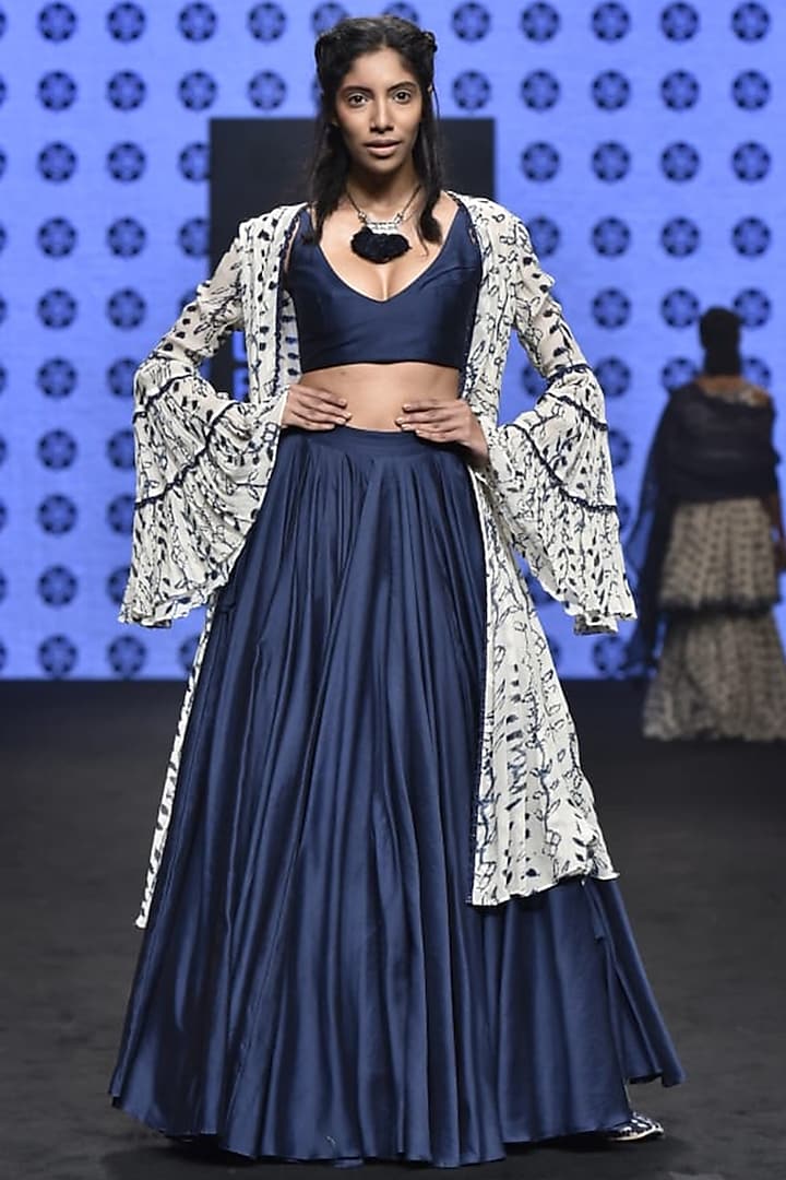 Ivory Embroidered & Printed Cape With Blue Bralette & Skirt by Punit Balana