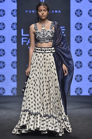 Ivory Butti Printed & Embroidered Lehenga Set by Punit Balana