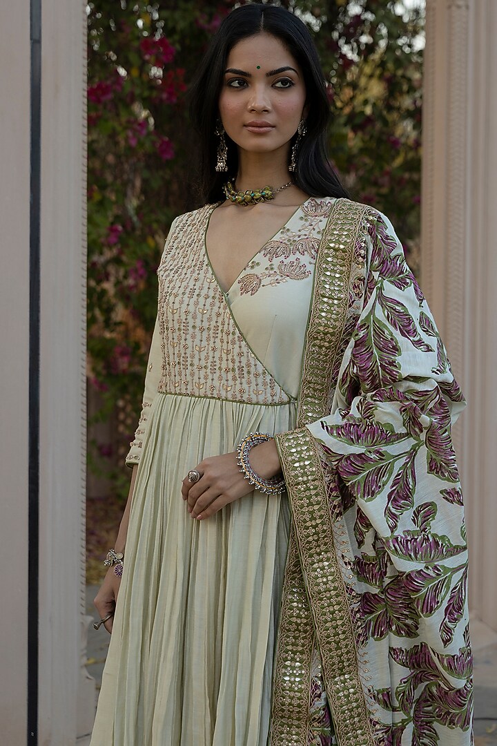 Mint Green Printed Angrakha Kurta Set by Punit Balana at Pernia's Pop Up Shop