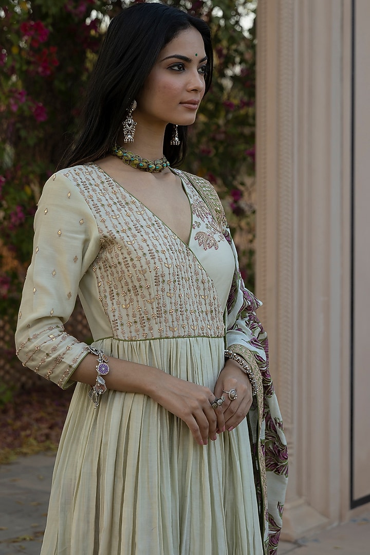 Mint Green Printed Angrakha Kurta Set by Punit Balana at Pernia's Pop Up Shop
