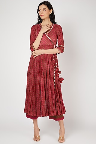 Red Silk Angrakha Kurta Set With Coin Work by Punit Balana