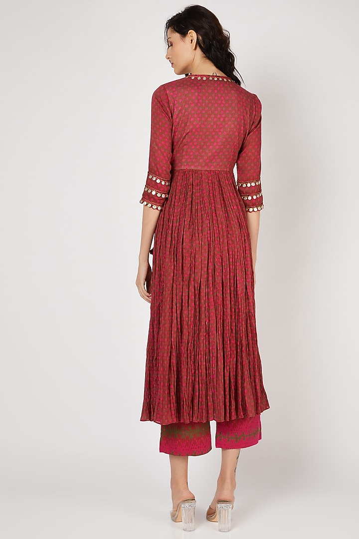 Red Silk Angrakha Kurta Set With Coin Work by Punit Balana at Pernia's Pop Up Shop