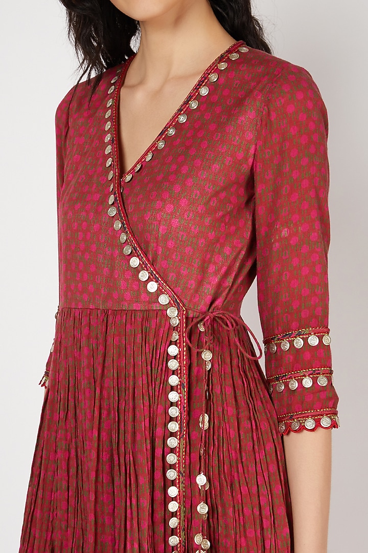 Red Silk Angrakha Kurta Set With Coin Work by Punit Balana at Pernia's Pop Up Shop