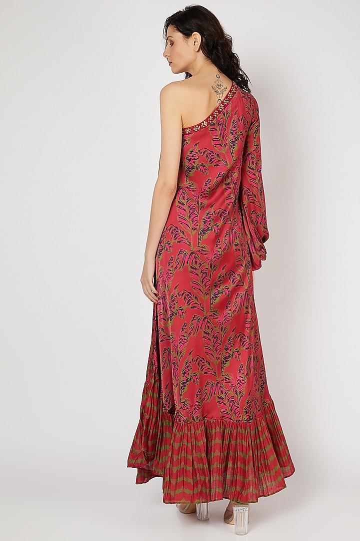 Red Embellished One Shoulder Vacation Dress by Punit Balana at Pernia's Pop Up Shop