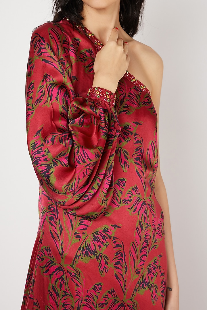 Red Embellished One Shoulder Vacation Dress by Punit Balana at Pernia's Pop Up Shop