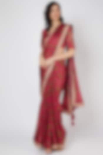 Red Satin Silk Saree Set With Marodi Work by Punit Balana