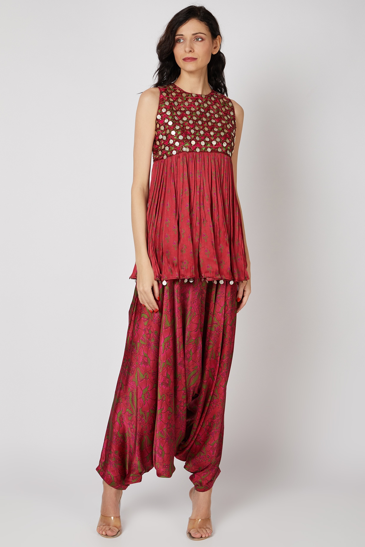Buy Red Solid Polyester Stitched Dhoti Pants With Shawl - Tattva.Life